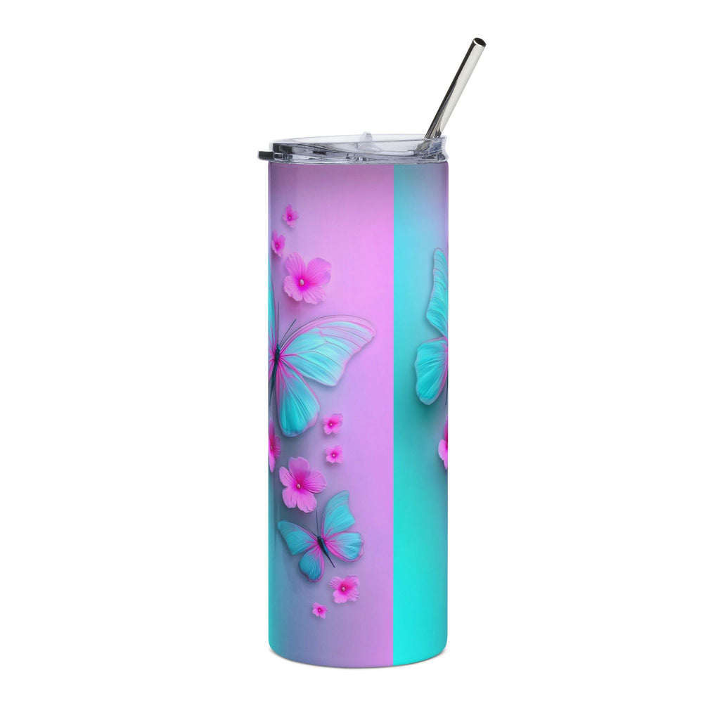 20oz Butterfly Tumbler — Turquoise & Pink Floral Stainless Steel Travel Cup