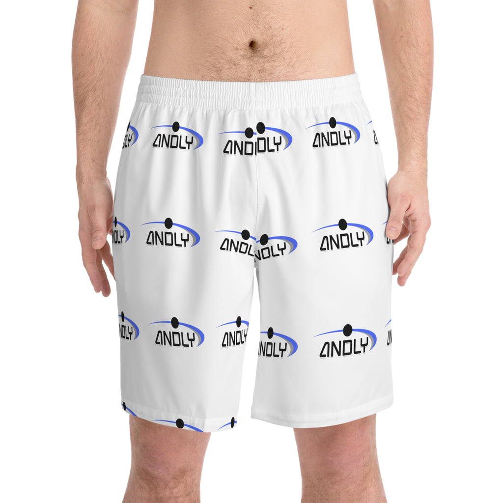 Men's Logo Beach Shorts — White All-Over Print Elastic Swim Trunks
