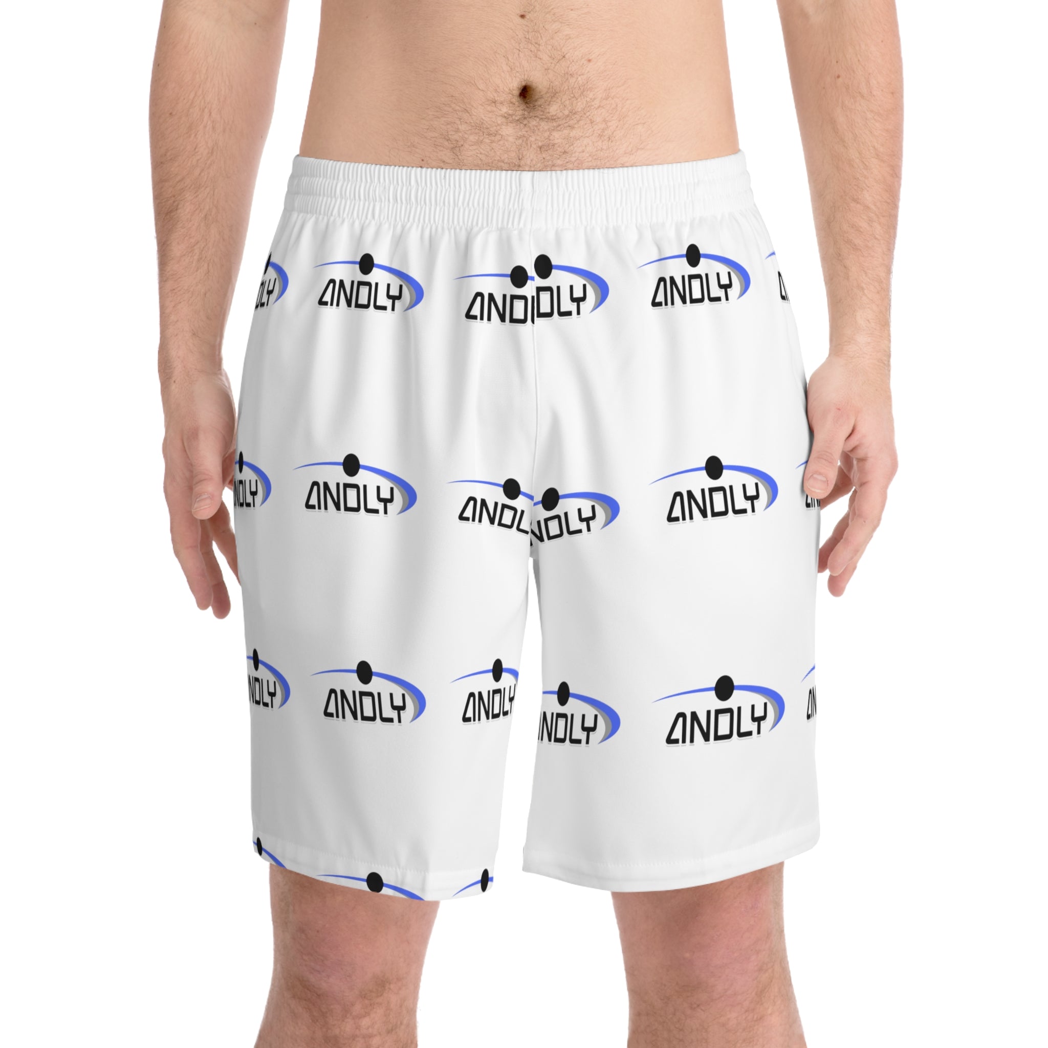 Men's Logo Beach Shorts — White All-Over Print Elastic Swim Trunks