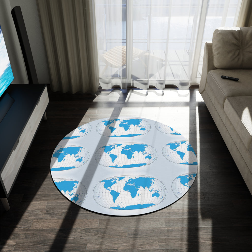 Blue World Map Round Rug — Global Map Decorative Area Rug