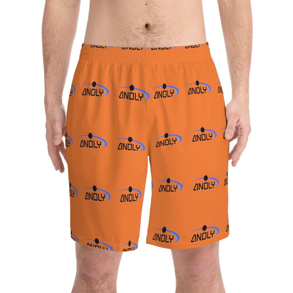 Orange Logo Beach Shorts — Men’s Elastic AOP Swim Trunks
