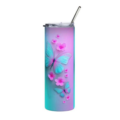 20oz Butterfly Tumbler — Turquoise & Pink Floral Stainless Steel Travel Cup