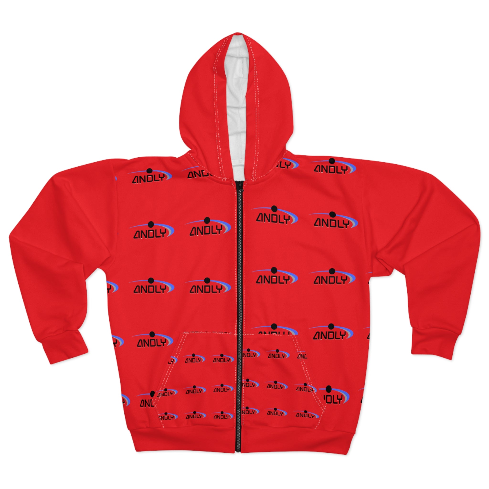 Red Logo Zip Hoodie — Repeating 'ANDLY' Graphic All-Over Print