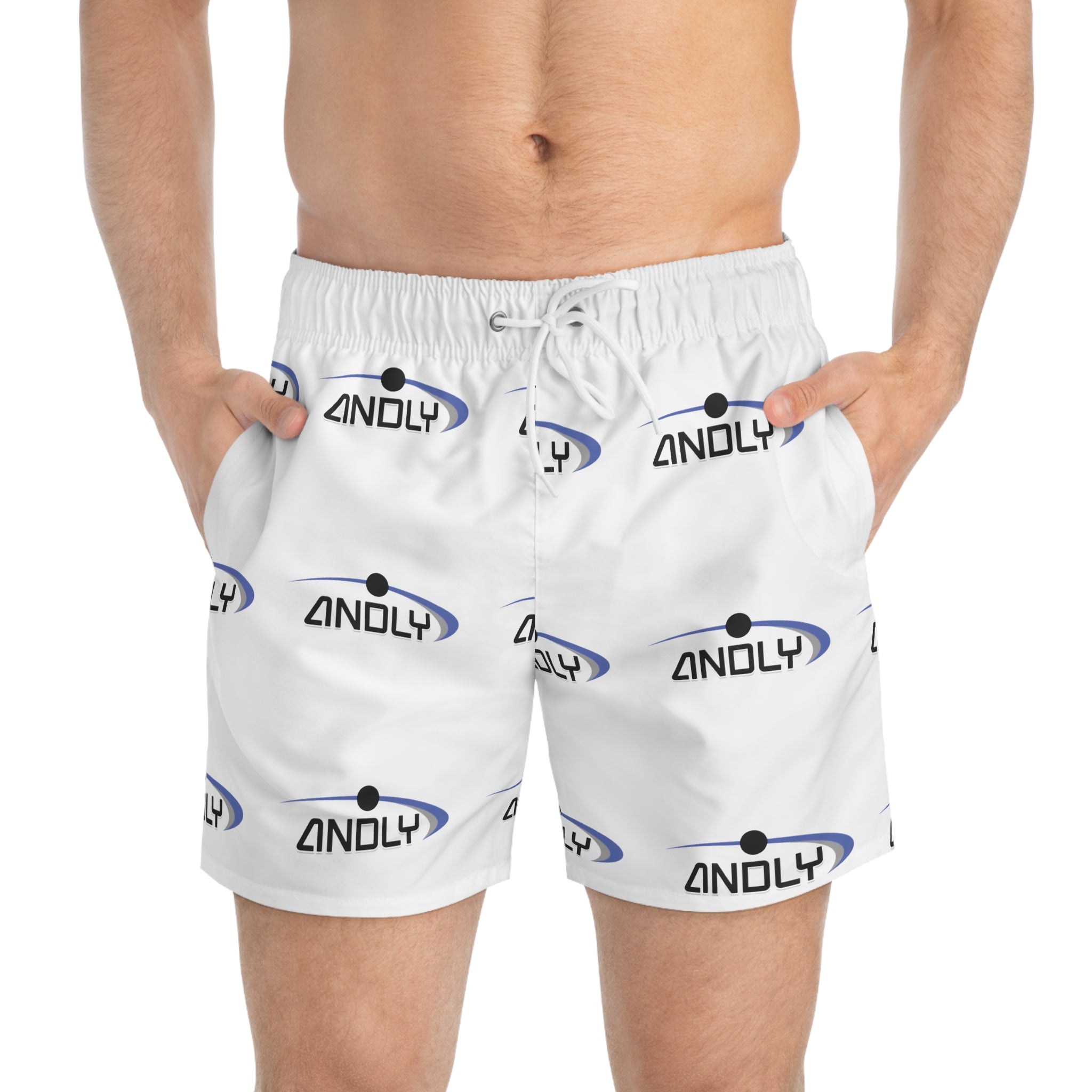 Swim Trunks — All-Over Logo Print Beach Shorts