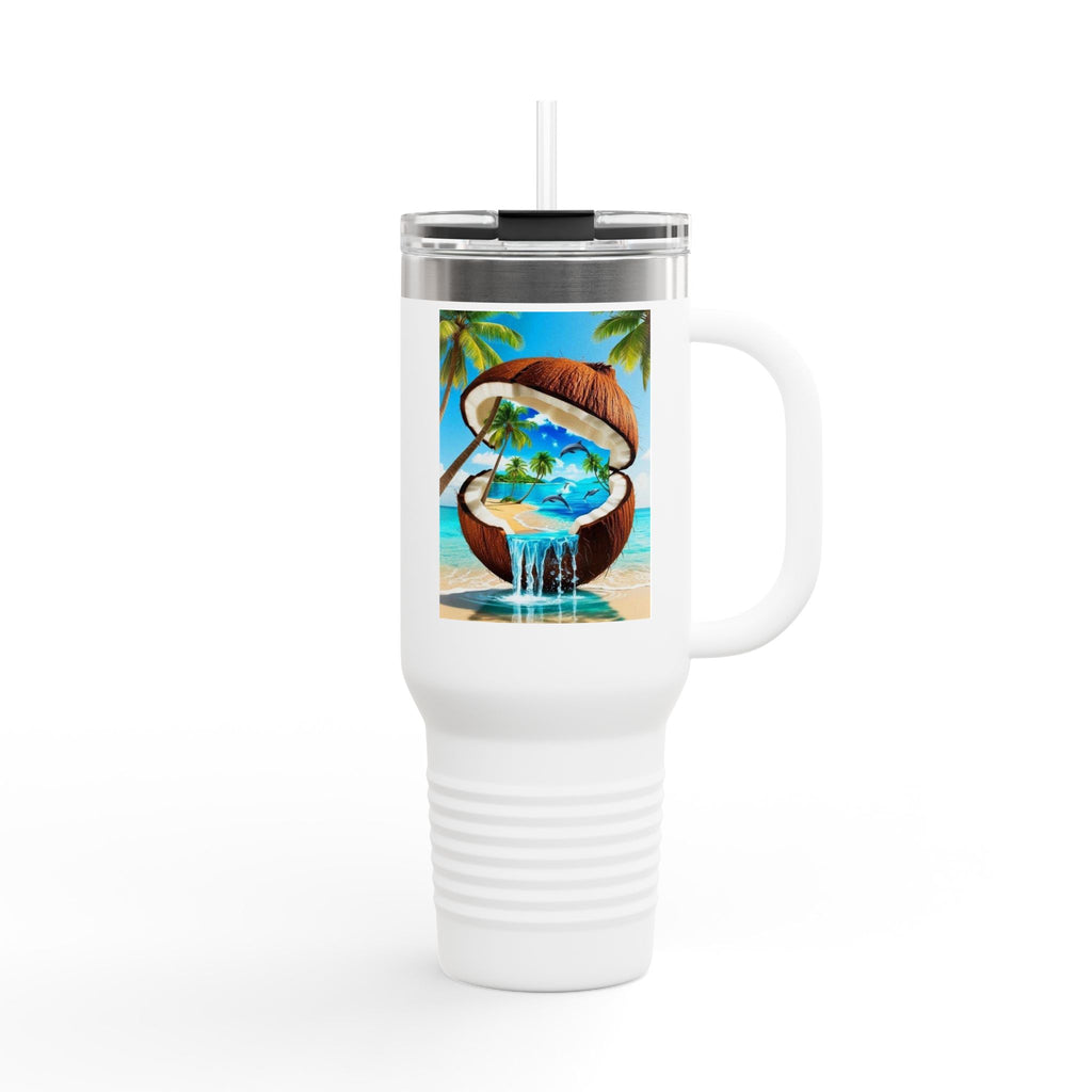 40oz Insulated Travel Mug — Tropical Coconut Waterfall Beach Design