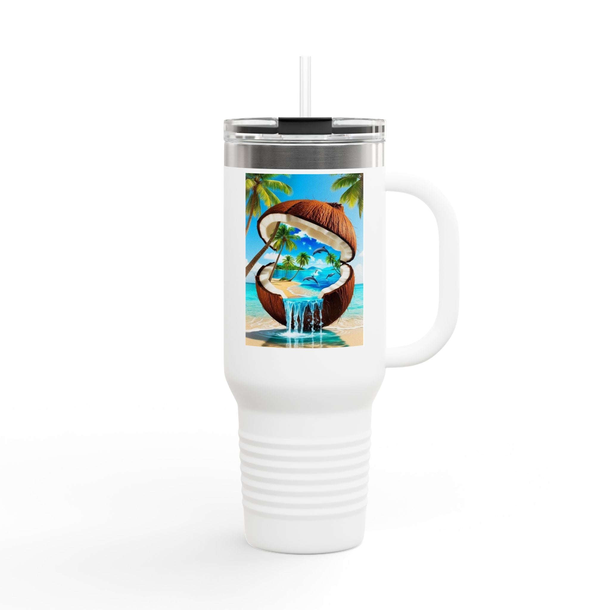 40oz Insulated Travel Mug — Tropical Coconut Waterfall Beach Design