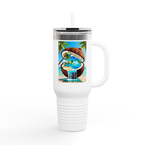 40oz Insulated Travel Mug — Tropical Coconut Waterfall Beach Design