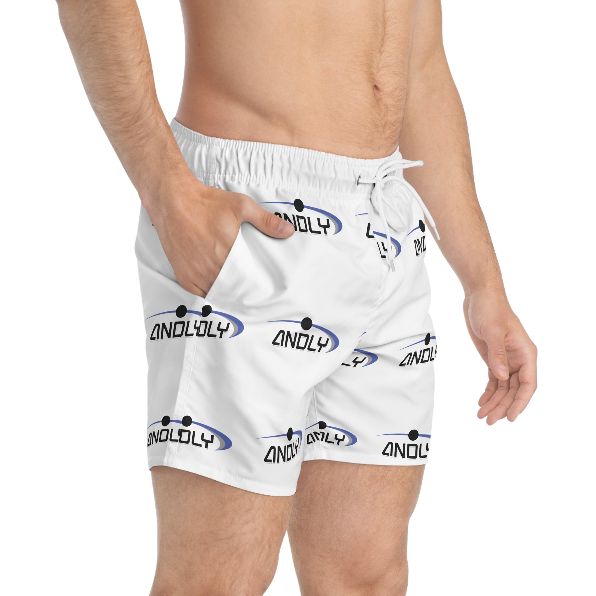Swim Trunks — All-Over Logo Print Beach Shorts