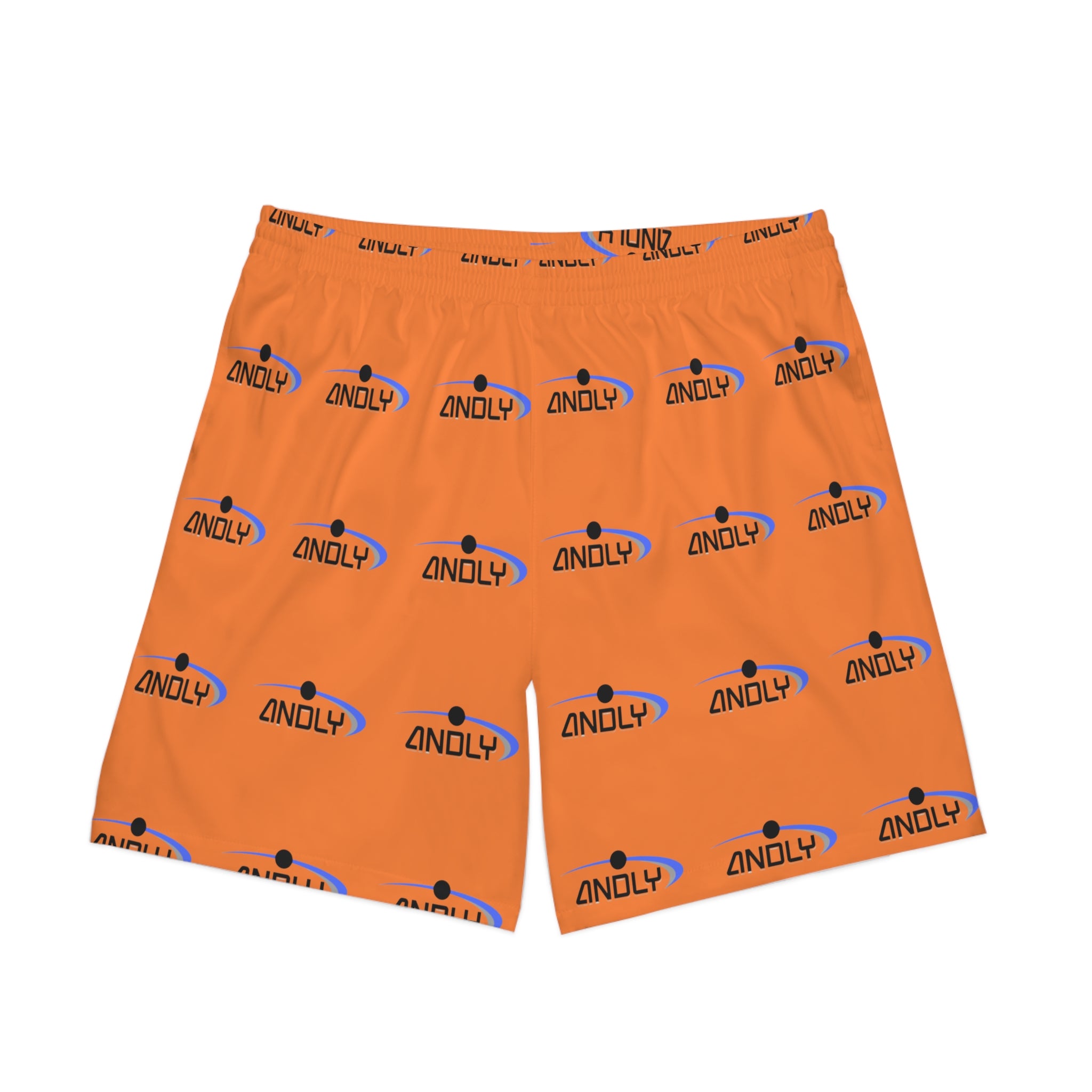 Orange Logo Beach Shorts — Men’s Elastic AOP Swim Trunks
