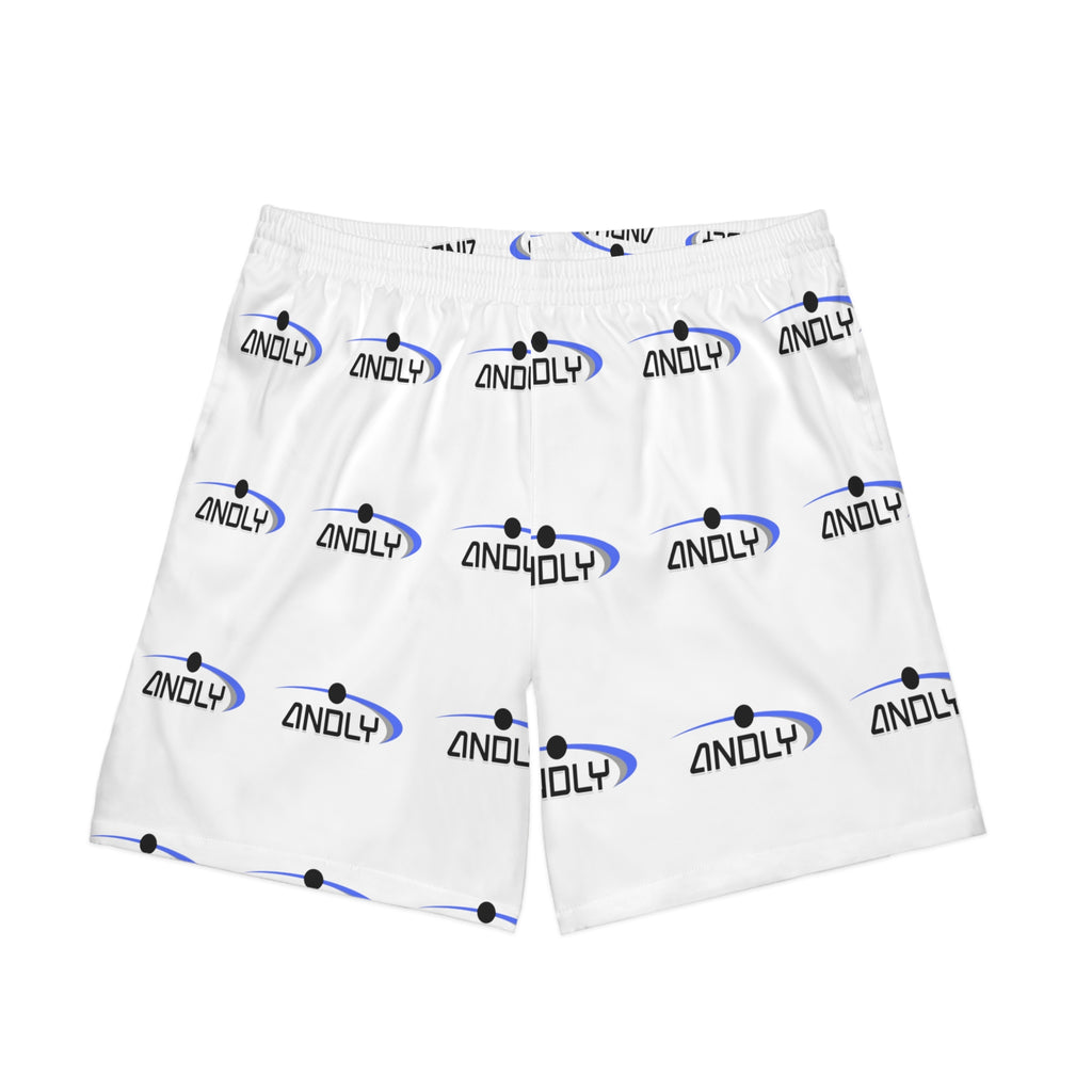 Men's Logo Beach Shorts — White All-Over Print Elastic Swim Trunks