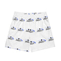 Men's Logo Beach Shorts — White All-Over Print Elastic Swim Trunks