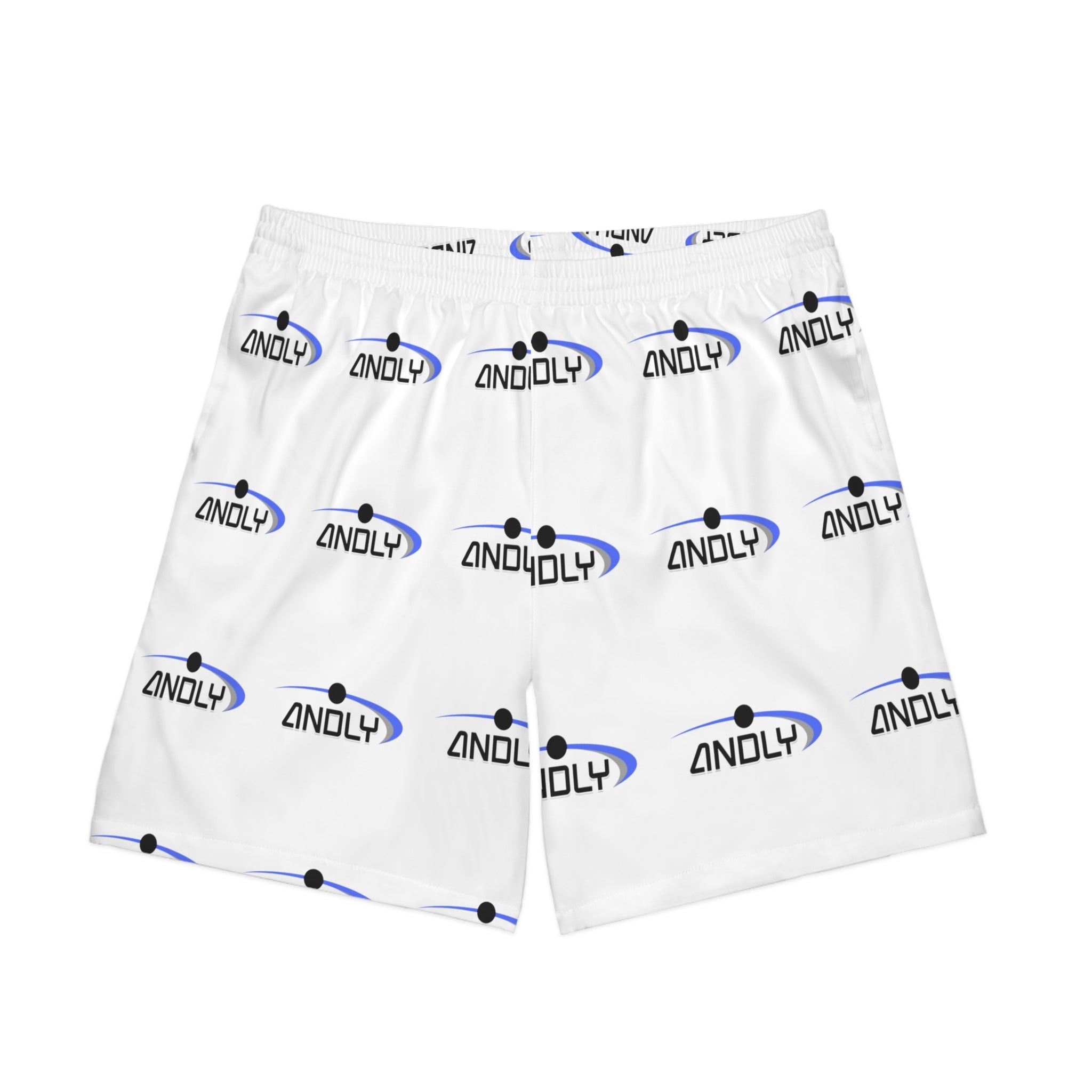 Men's Logo Beach Shorts — White All-Over Print Elastic Swim Trunks