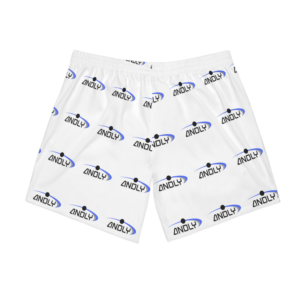 Men's Logo Beach Shorts — White All-Over Print Elastic Swim Trunks