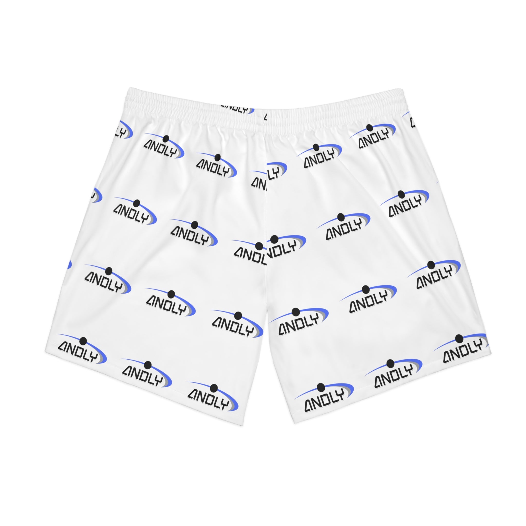 Men's Logo Beach Shorts — White All-Over Print Elastic Swim Trunks
