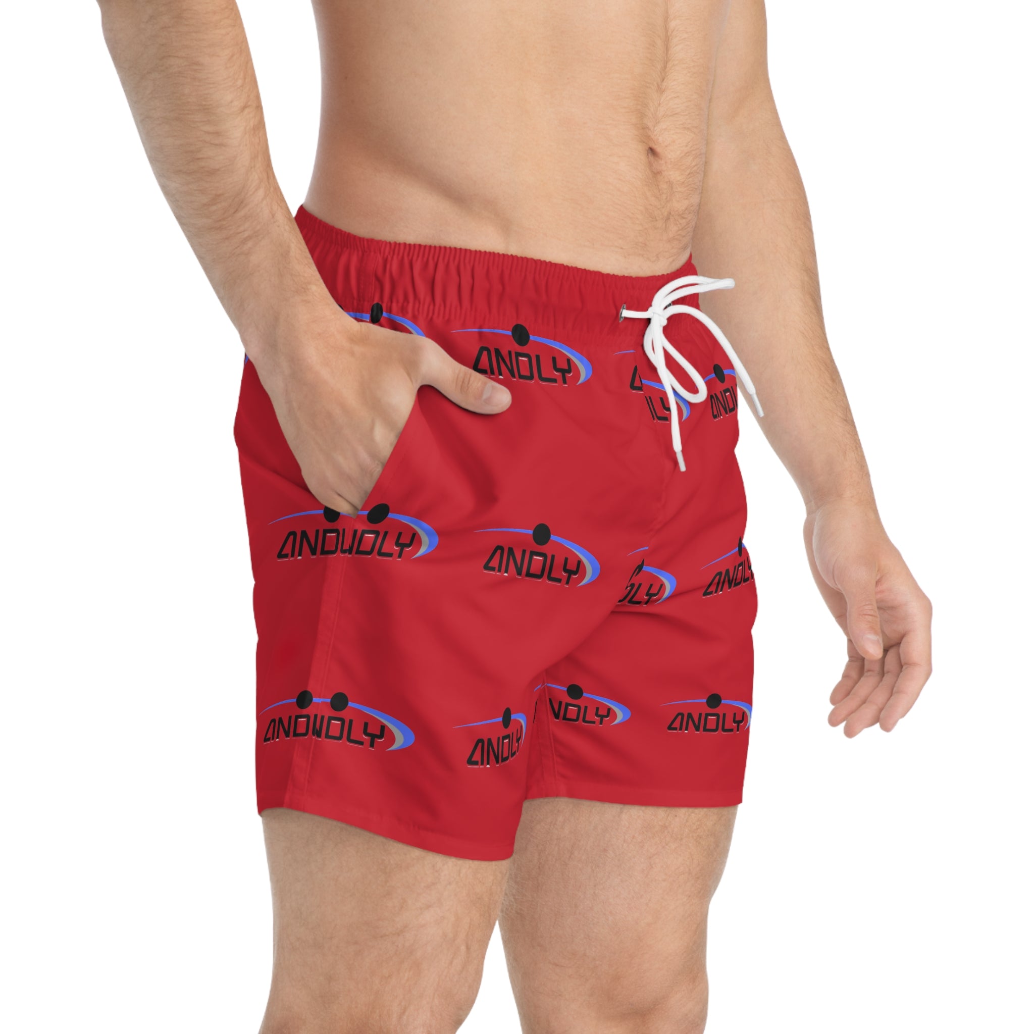 Red Logo Swim Trunks — All-Over Print 'Zindly' Beach Shorts