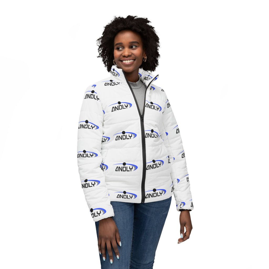 Women’s Puffer Jacket — All-Over Logo Quilted Coat (White with Blue & Black 'ANDLY' Print)
