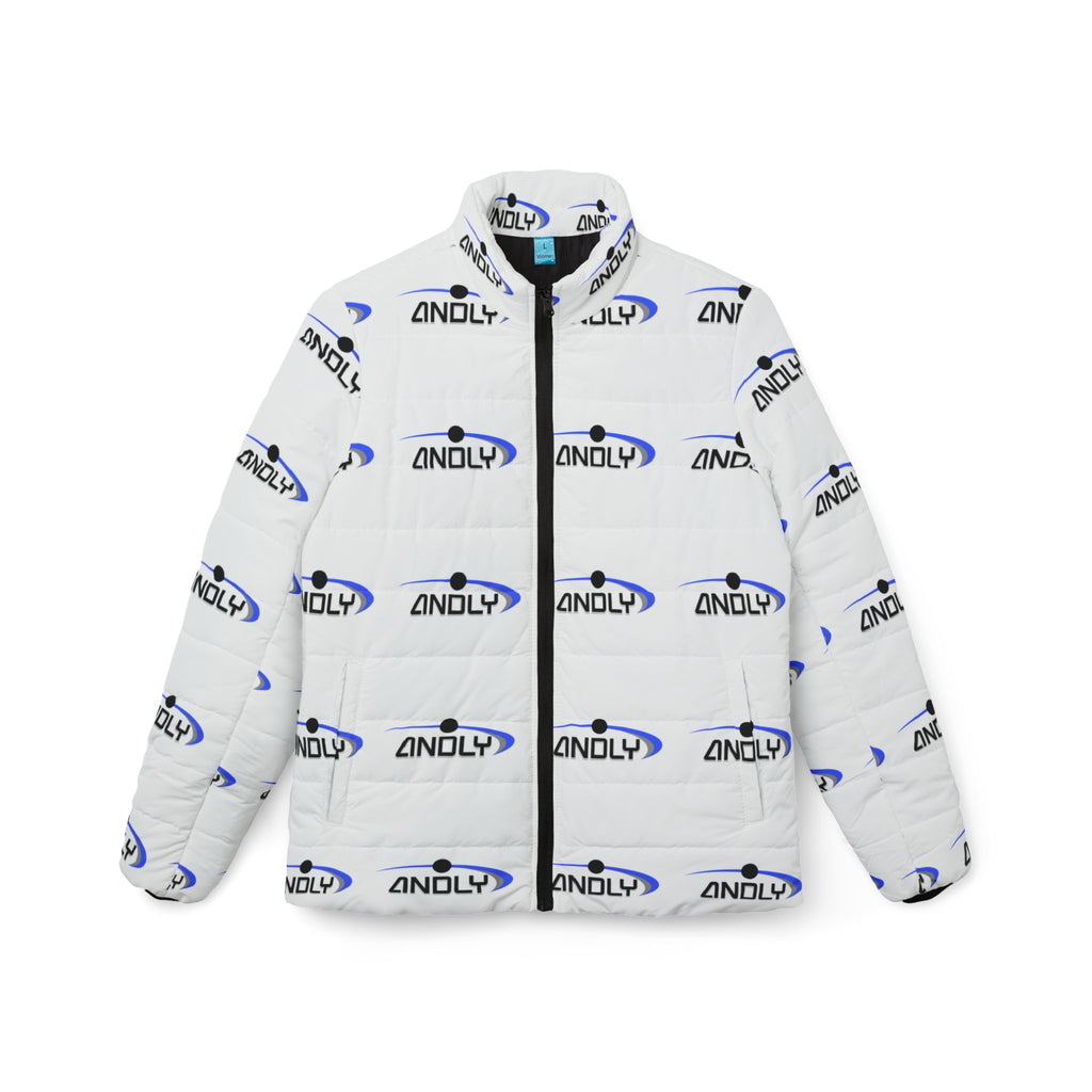 Women’s Puffer Jacket — All-Over Logo Quilted Coat (White with Blue & Black 'ANDLY' Print)