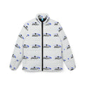 Women’s Puffer Jacket — All-Over Logo Quilted Coat (White with Blue & Black 'ANDLY' Print)