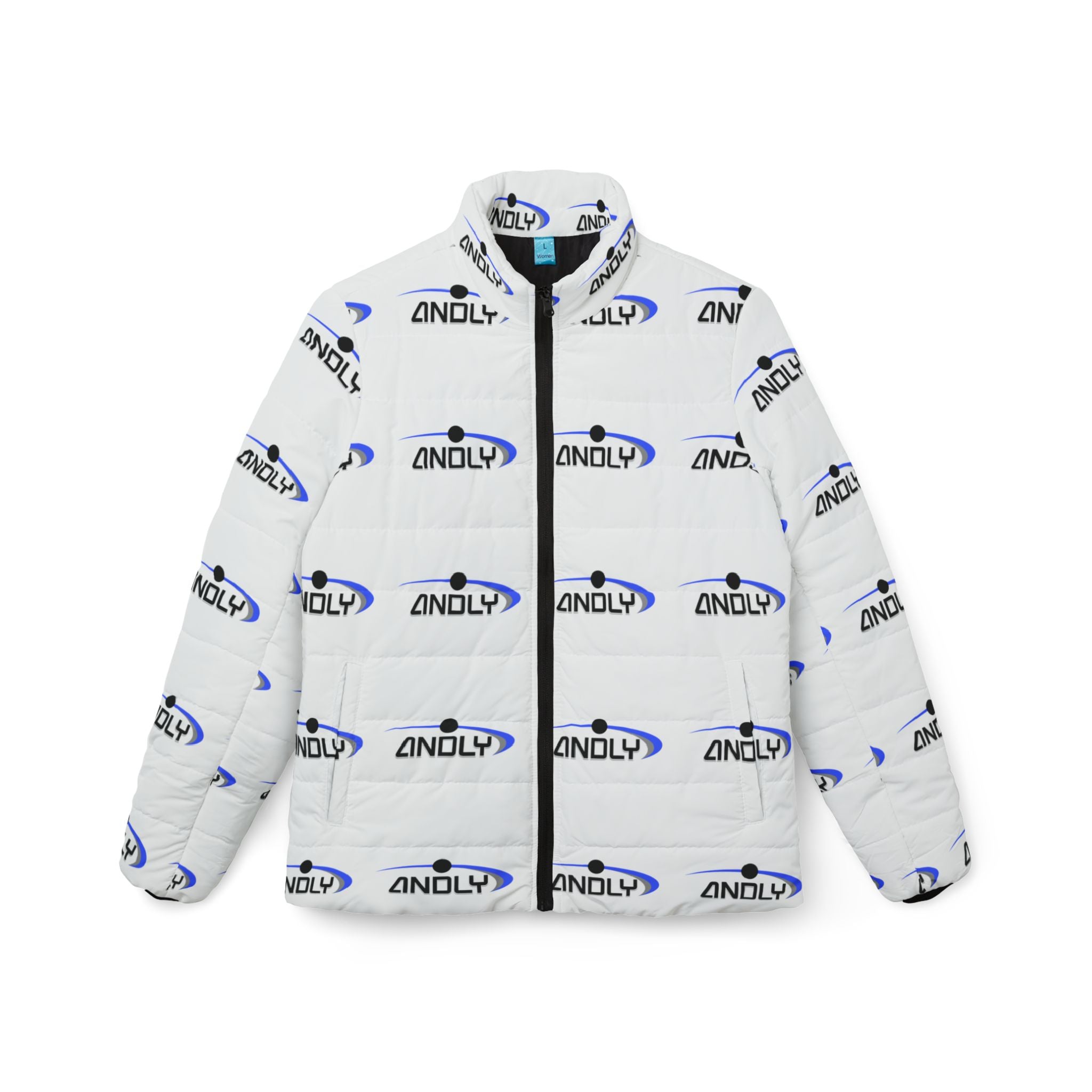 Women’s Puffer Jacket — All-Over Logo Quilted Coat (White with Blue & Black 'ANDLY' Print)