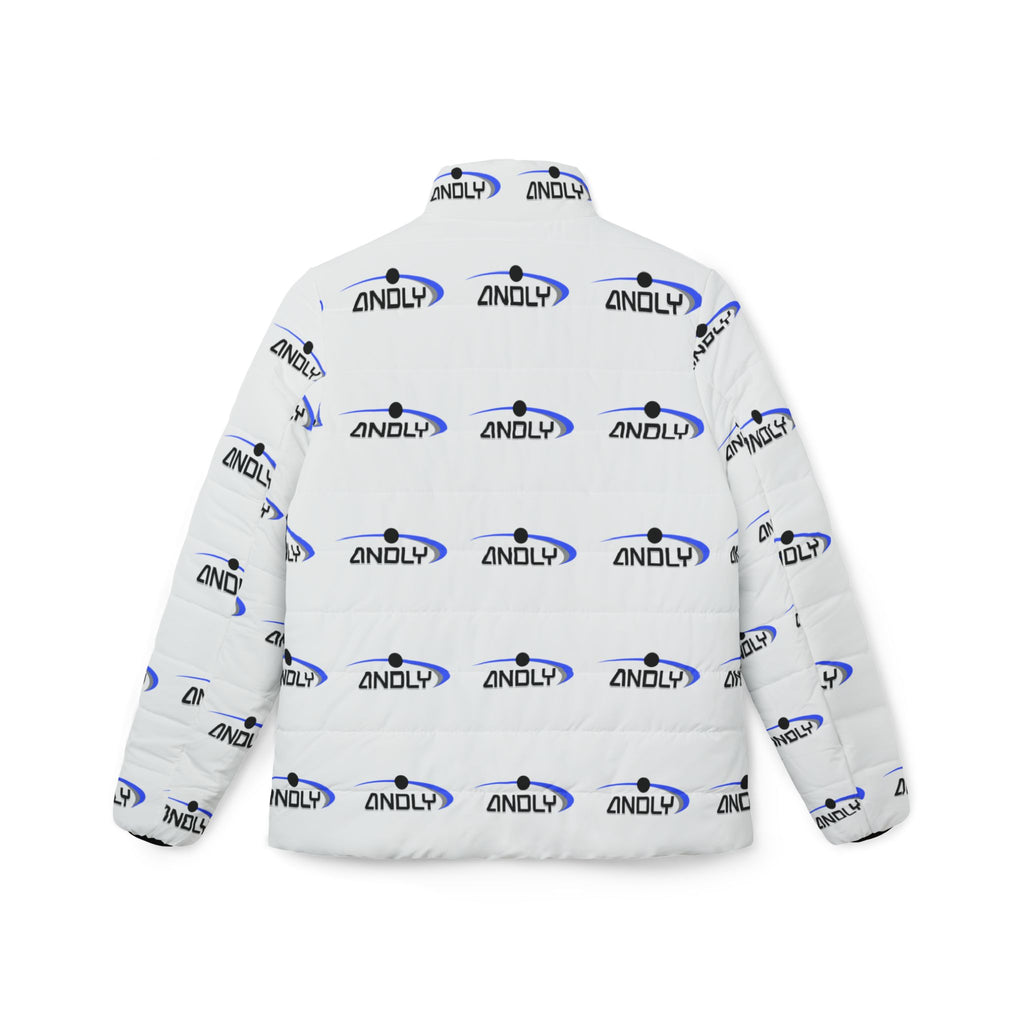 Women’s Puffer Jacket — All-Over Logo Quilted Coat (White with Blue & Black 'ANDLY' Print)