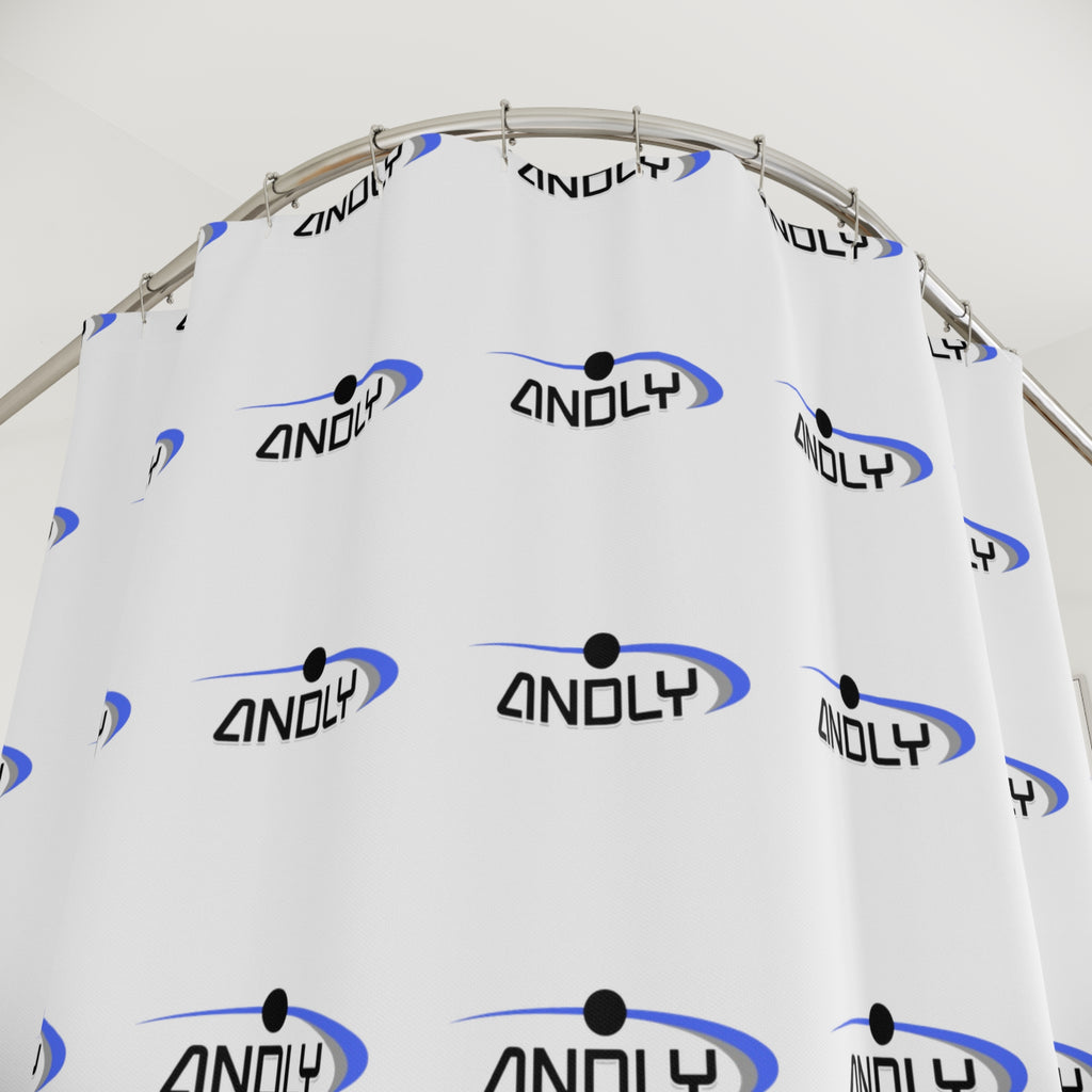 Andly Logo Shower Curtain — Modern White & Blue Branded Bathroom Decor