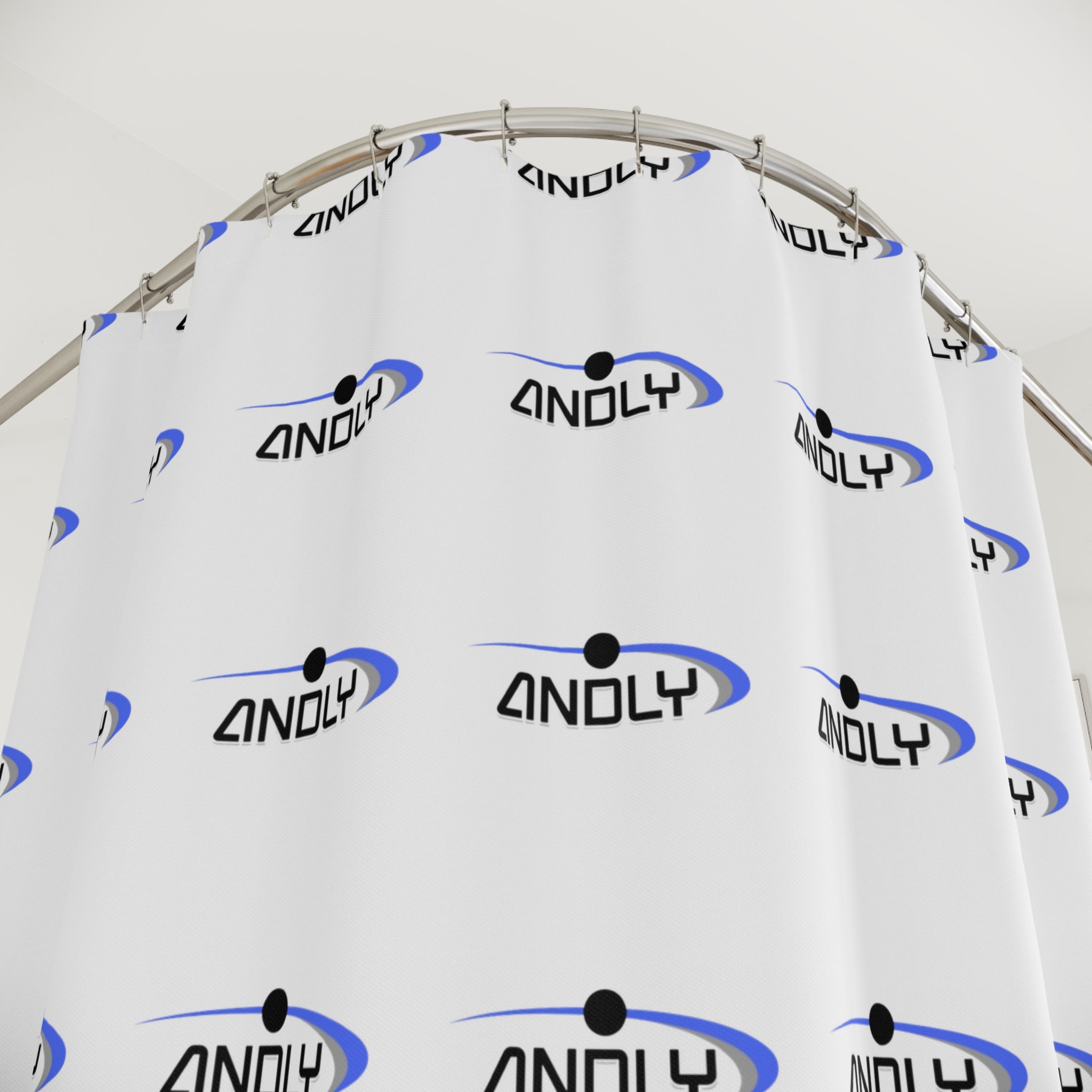 Andly Logo Shower Curtain — Modern White & Blue Branded Bathroom Decor
