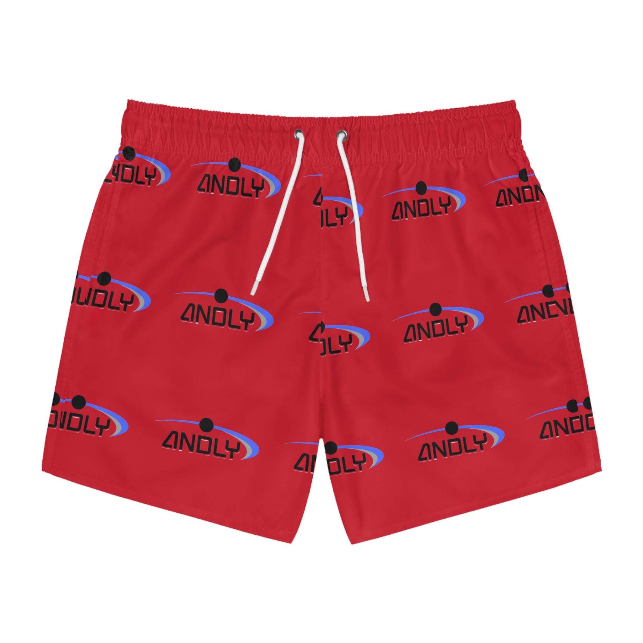 Red Logo Swim Trunks — All-Over Print 'Zindly' Beach Shorts