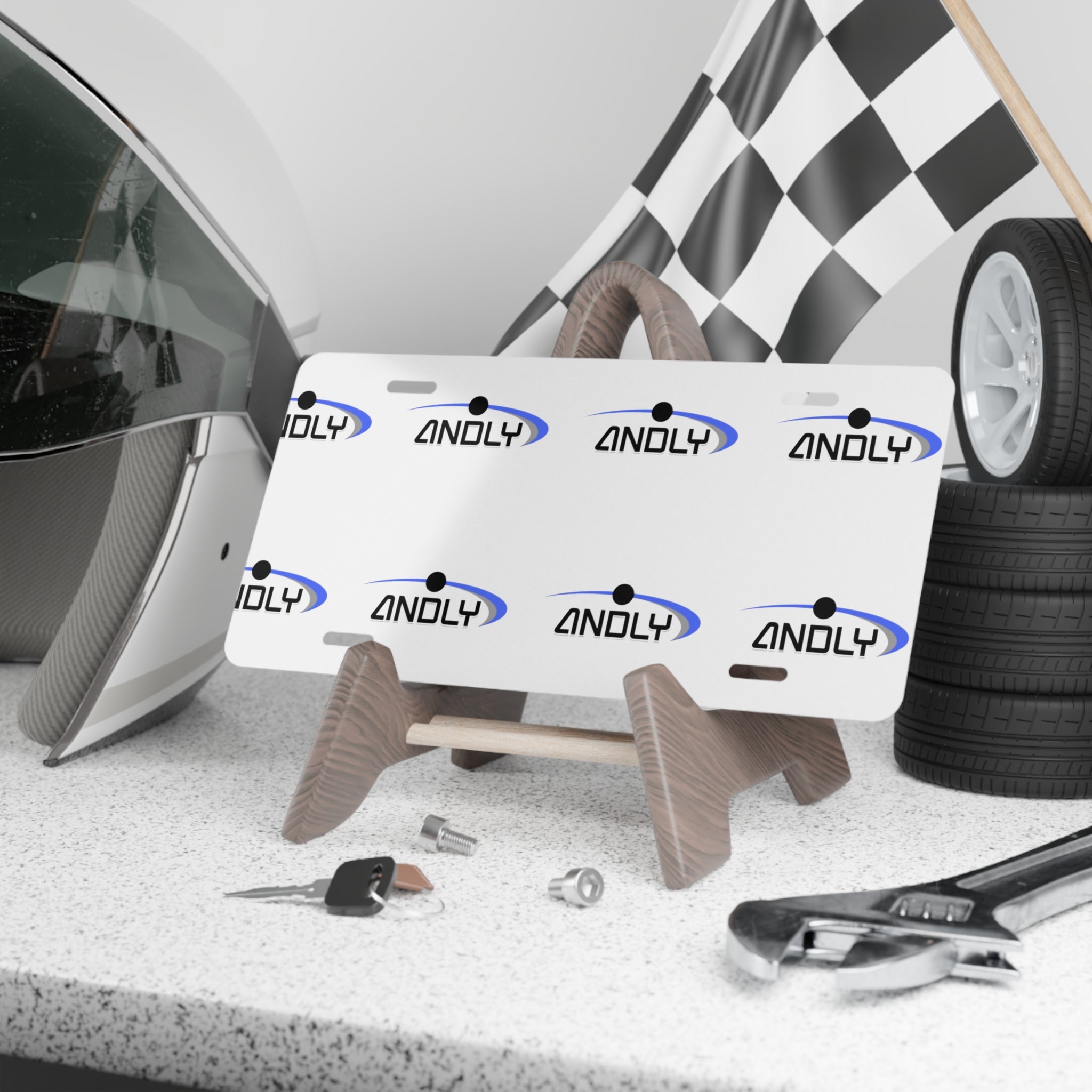 Custom Aluminum Vanity Plate — Repeating 'ANDLY' Logo Design