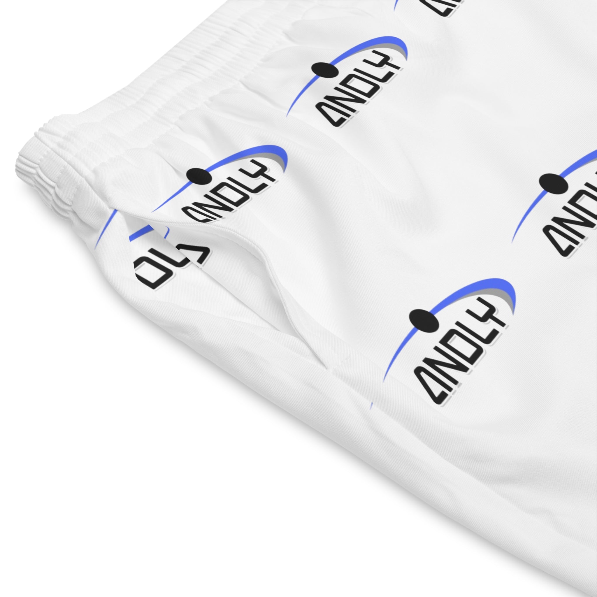 Men's Logo Beach Shorts — White All-Over Print Elastic Swim Trunks