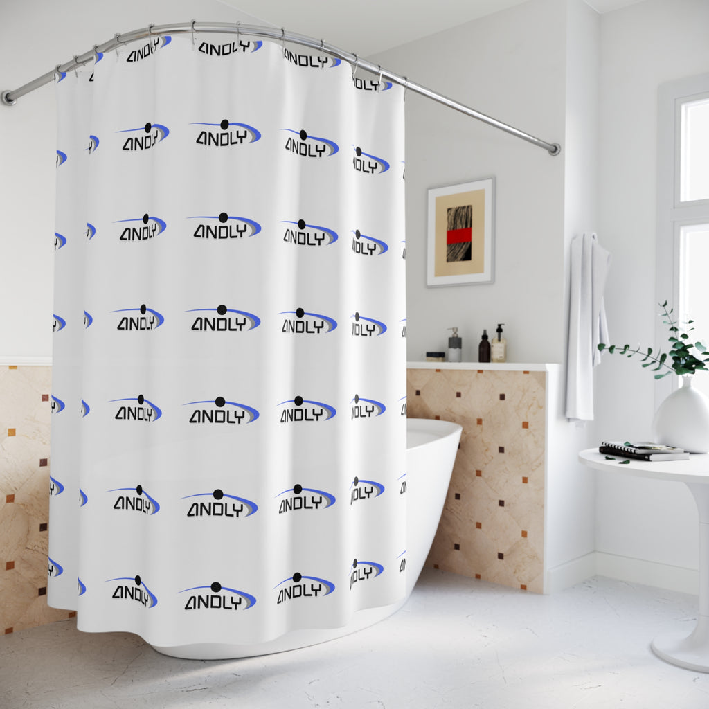 Andly Logo Shower Curtain — Modern White & Blue Branded Bathroom Decor
