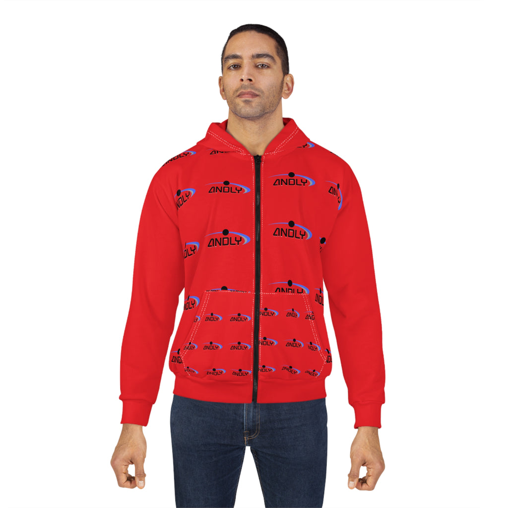 Red Logo Zip Hoodie — Repeating 'ANDLY' Graphic All-Over Print