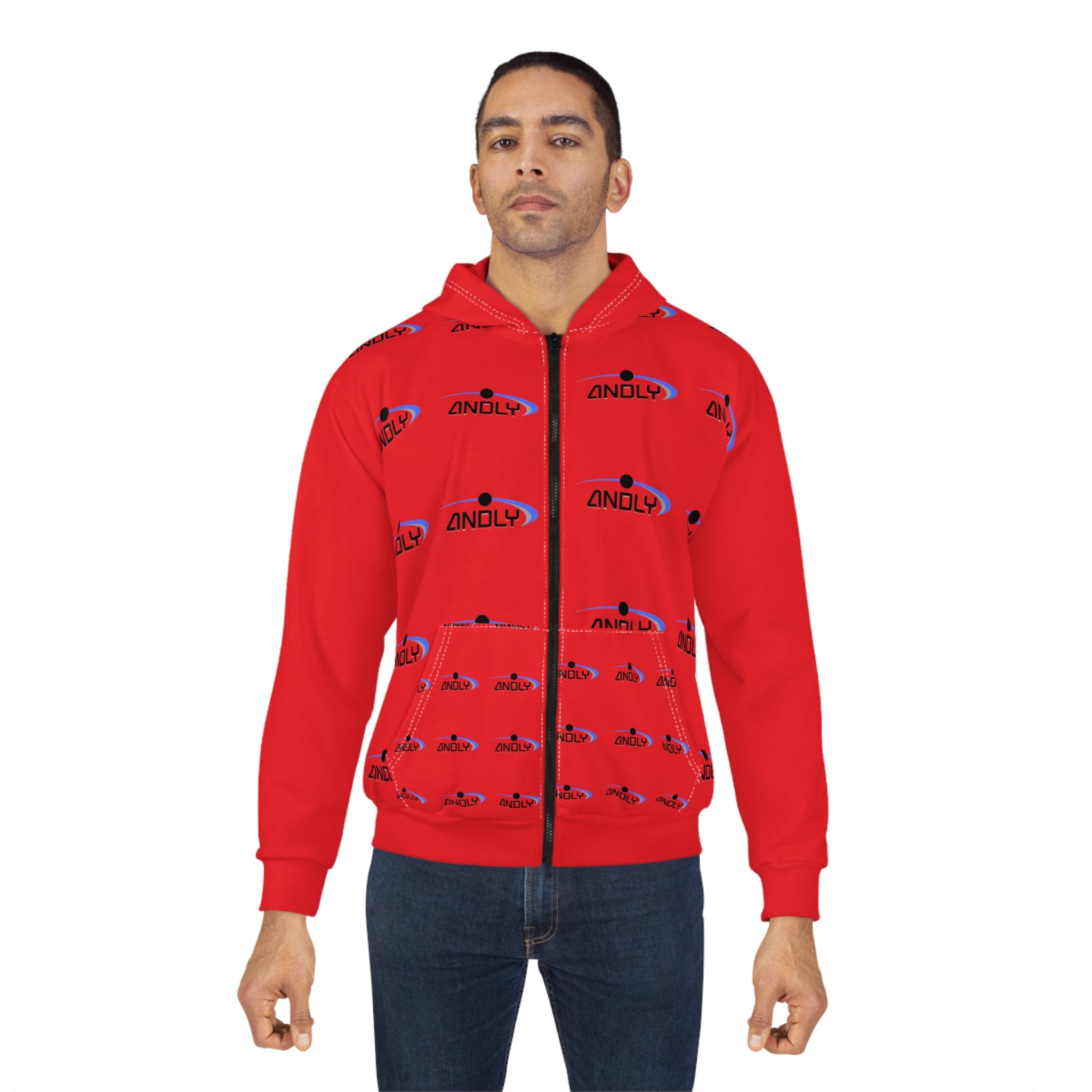 Red Logo Zip Hoodie — Repeating 'ANDLY' Graphic All-Over Print