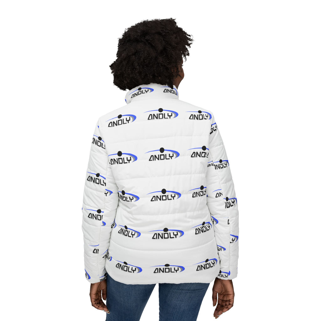 Women’s Puffer Jacket — All-Over Logo Quilted Coat (White with Blue & Black 'ANDLY' Print)