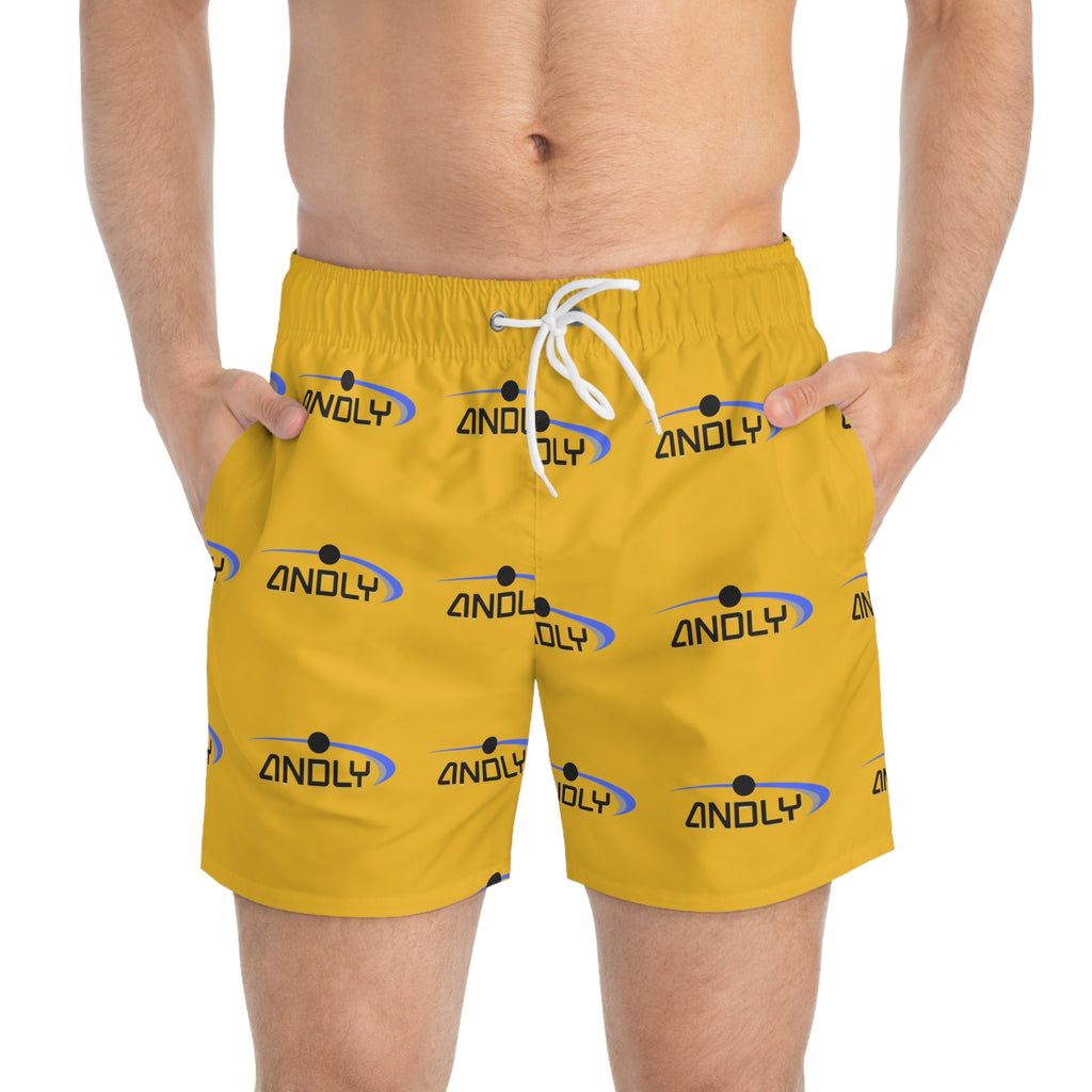 Yellow Logo Swim Trunks — All-Over Print Casual Beach Shorts