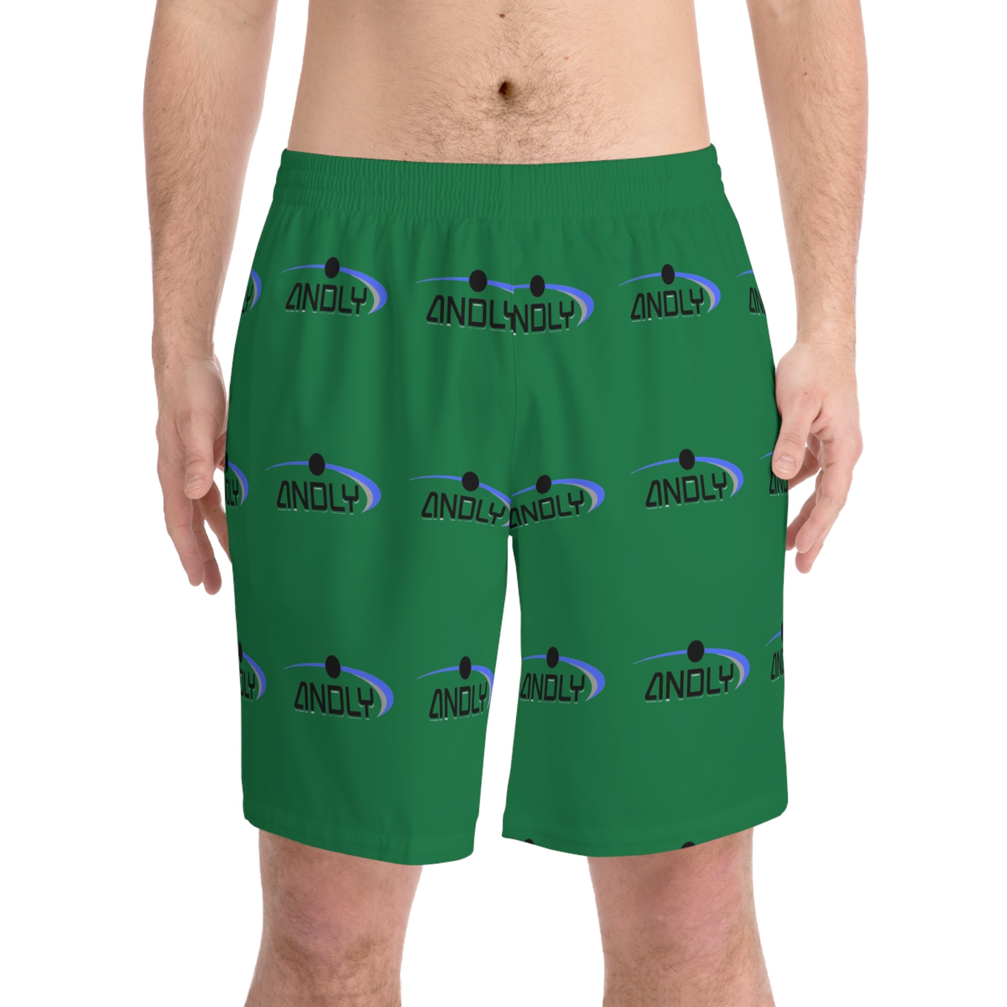 Green Logo Beach Shorts - All-Over Print Men's Swim Trunks