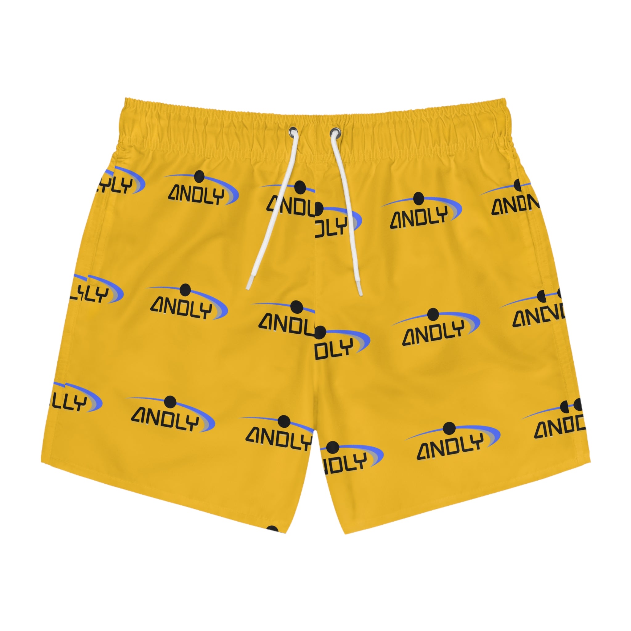 Yellow Logo Swim Trunks — All-Over Print Casual Beach Shorts