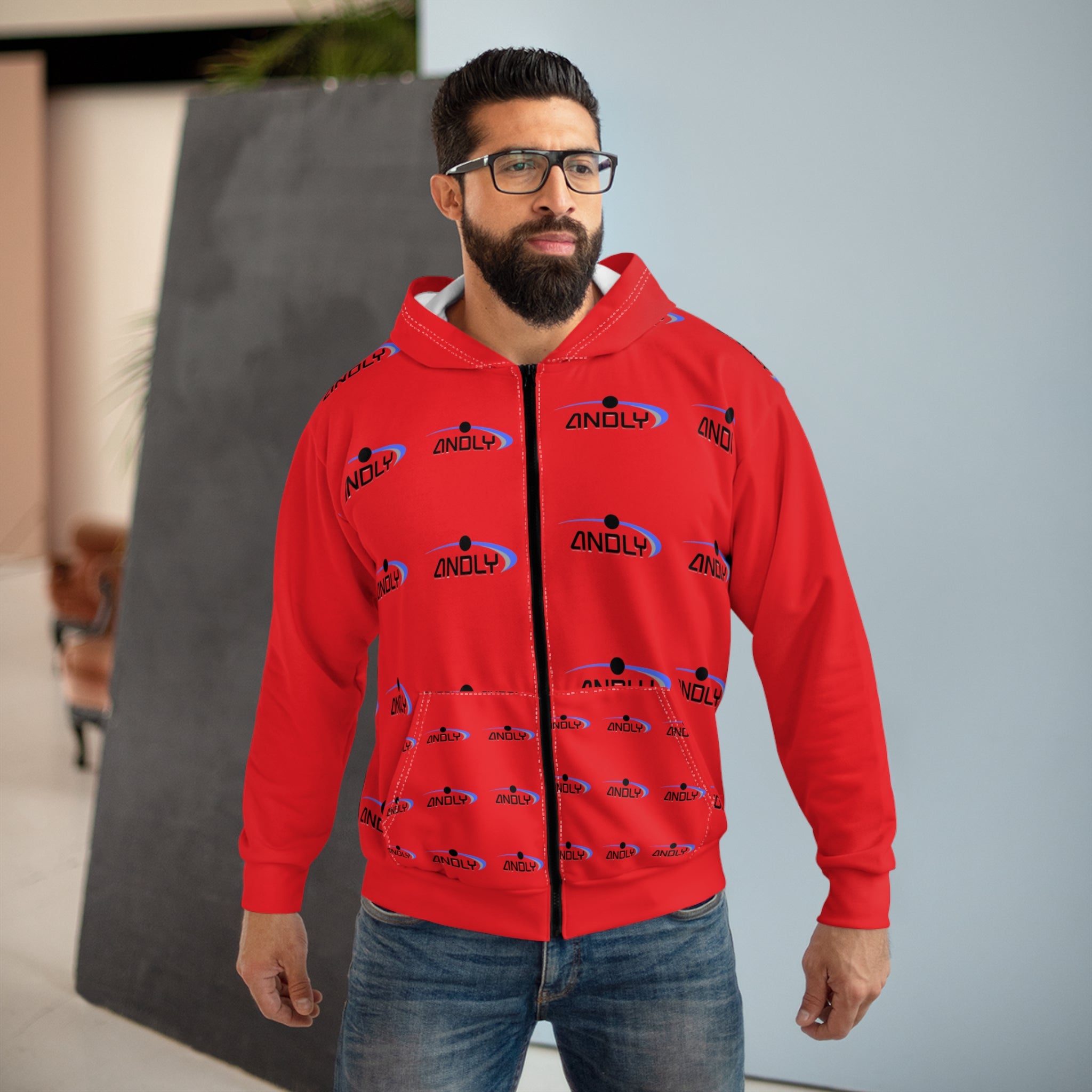 Red Logo Zip Hoodie — Repeating 'ANDLY' Graphic All-Over Print