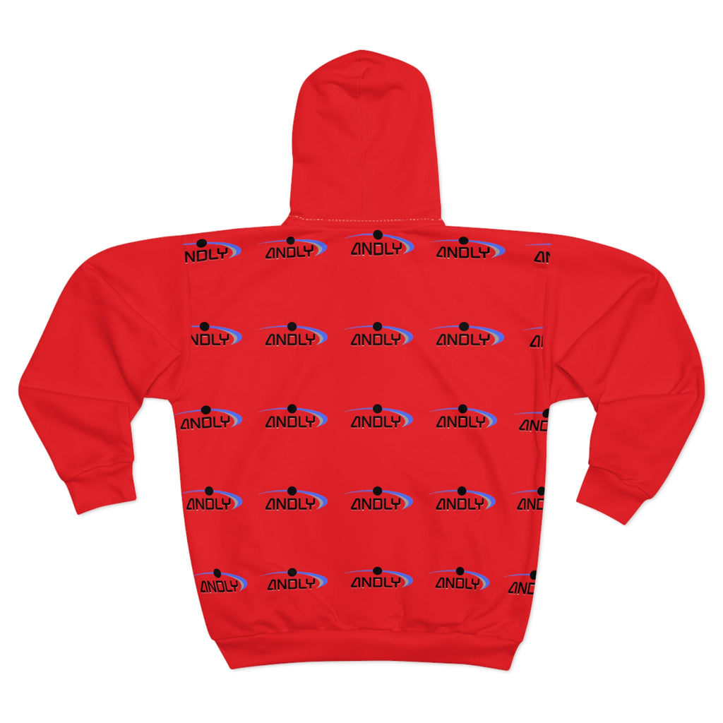 Red Logo Zip Hoodie — Repeating 'ANDLY' Graphic All-Over Print