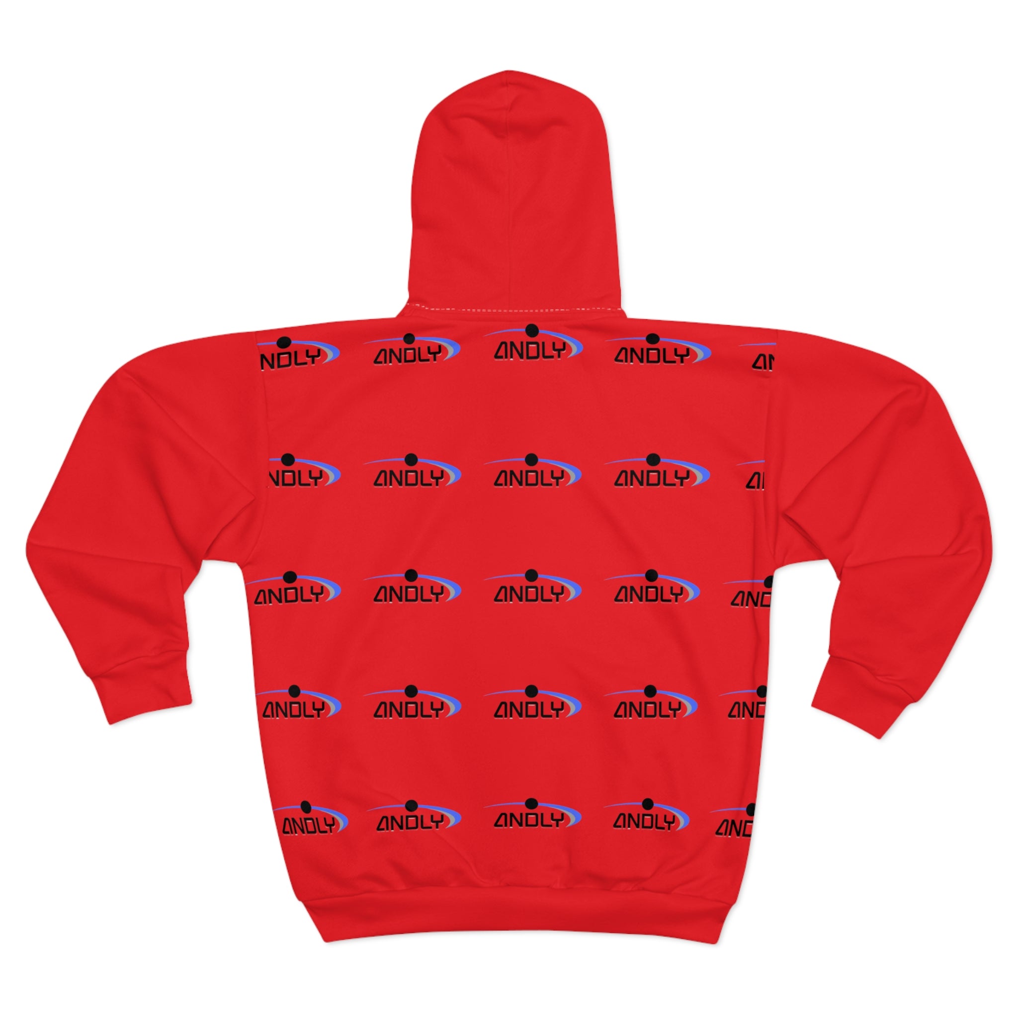 Red Logo Zip Hoodie — Repeating 'ANDLY' Graphic All-Over Print