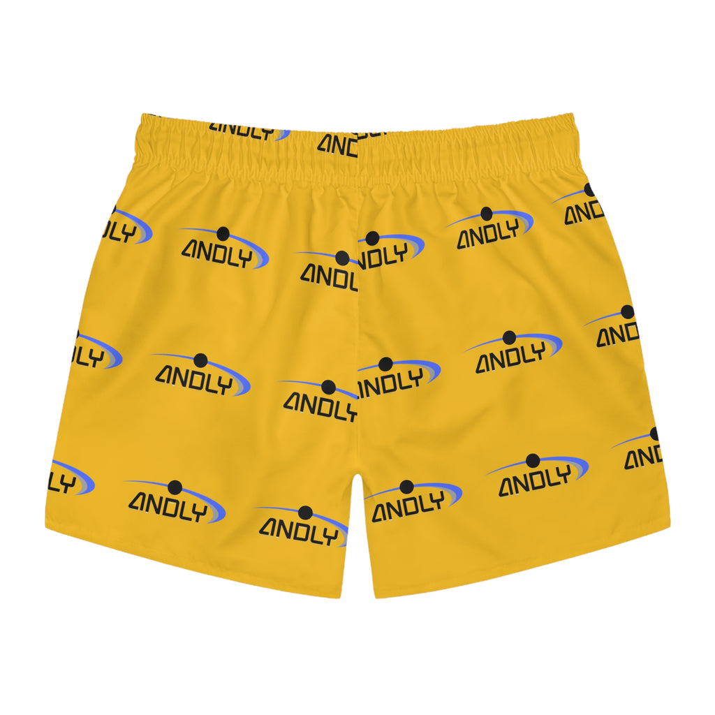 Yellow Logo Swim Trunks — All-Over Print Casual Beach Shorts