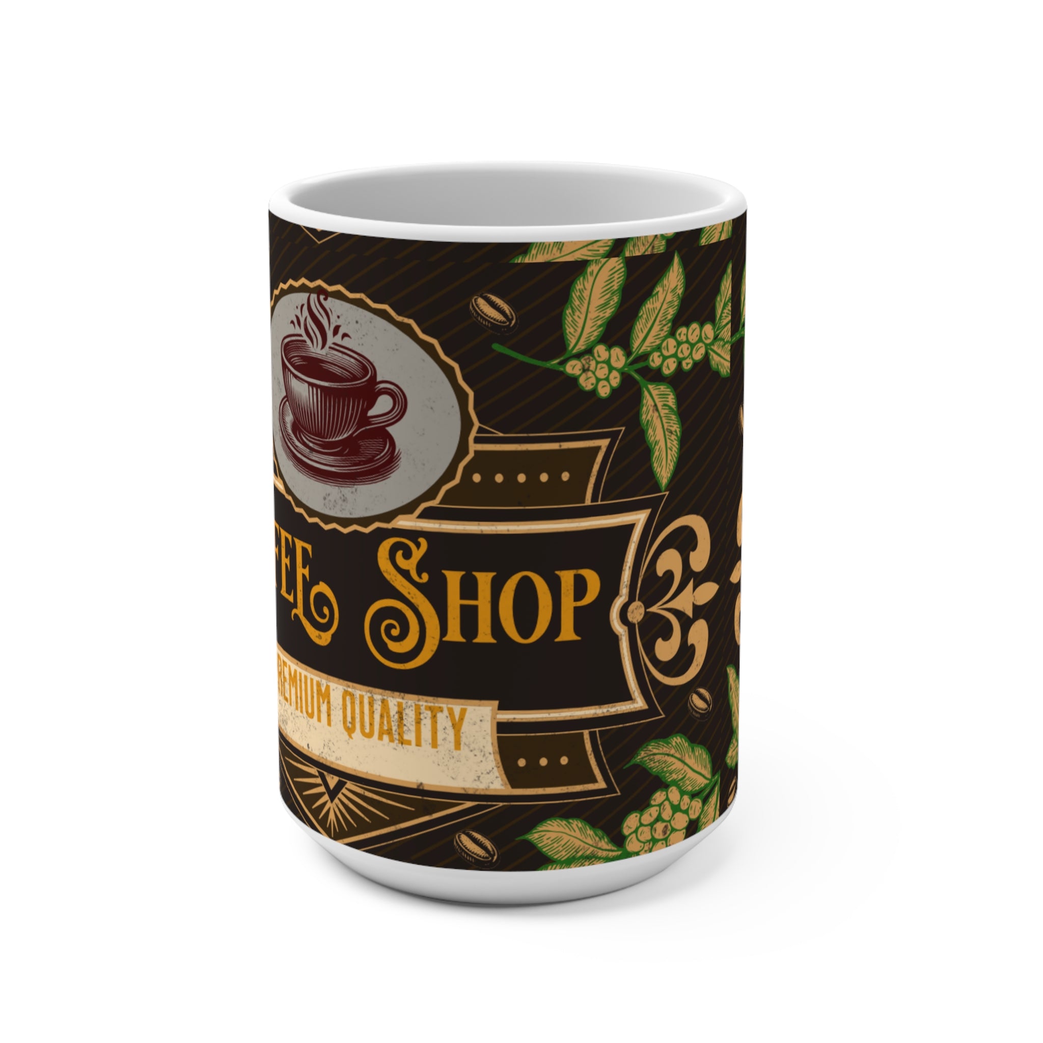 Coffee Shop 15oz Mug — Vintage Cafe Logo, Premium Quality