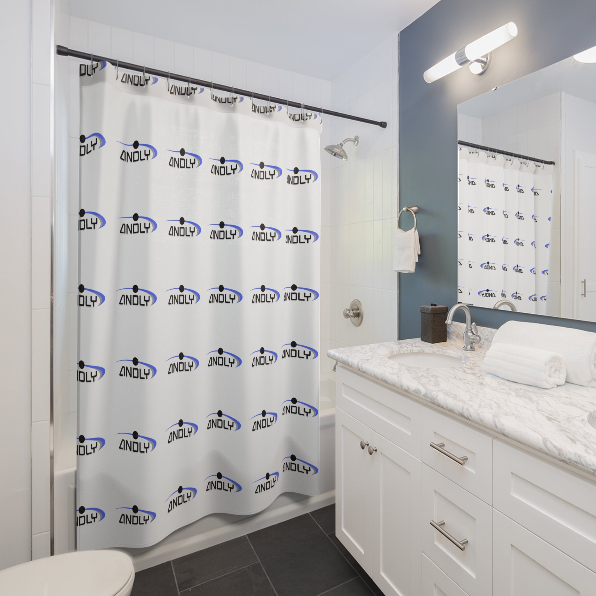 Andly Logo Shower Curtain — Modern White & Blue Branded Bathroom Decor