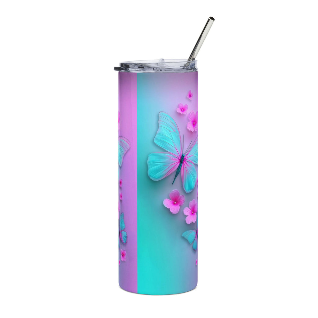 20oz Butterfly Tumbler — Turquoise & Pink Floral Stainless Steel Travel Cup