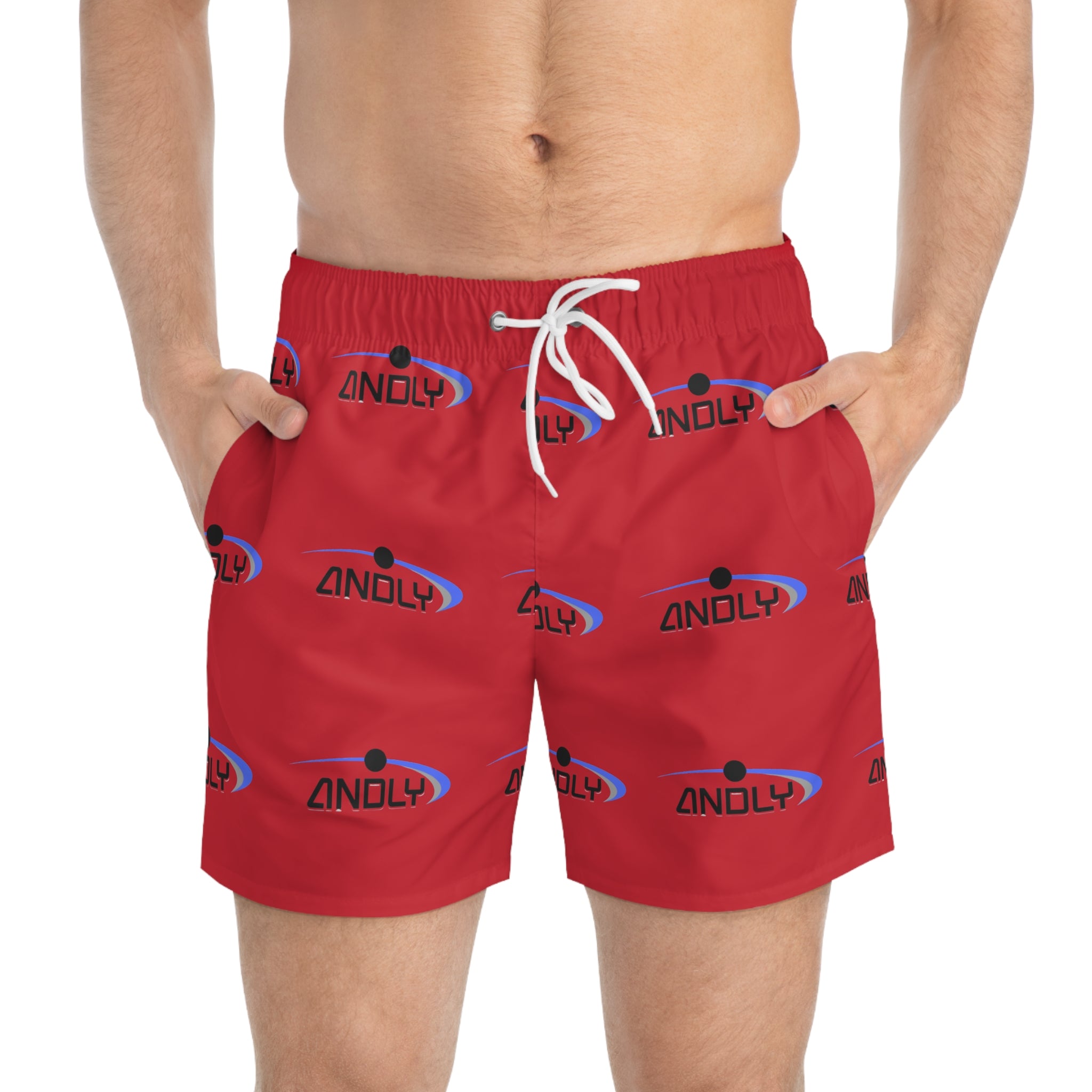Red Logo Swim Trunks — All-Over Print 'Zindly' Beach Shorts