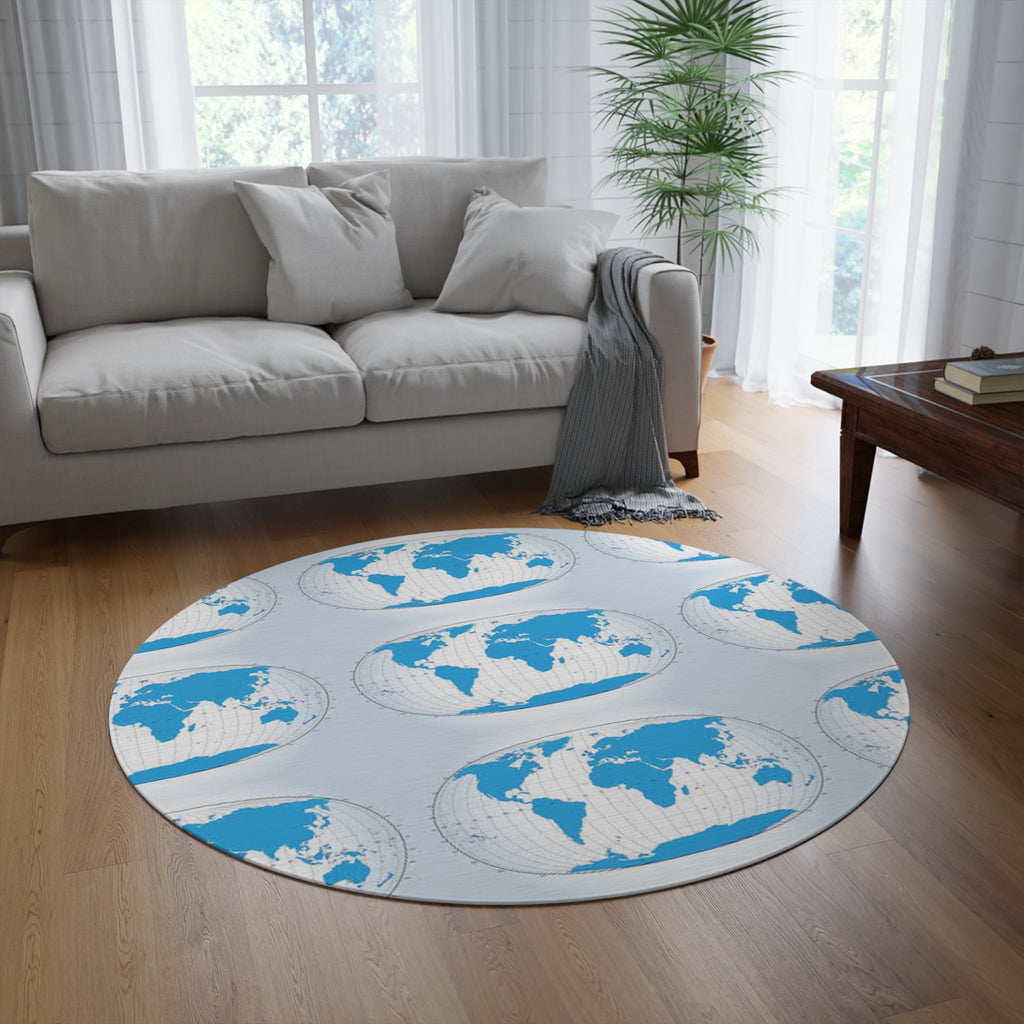 Blue World Map Round Rug — Global Map Decorative Area Rug