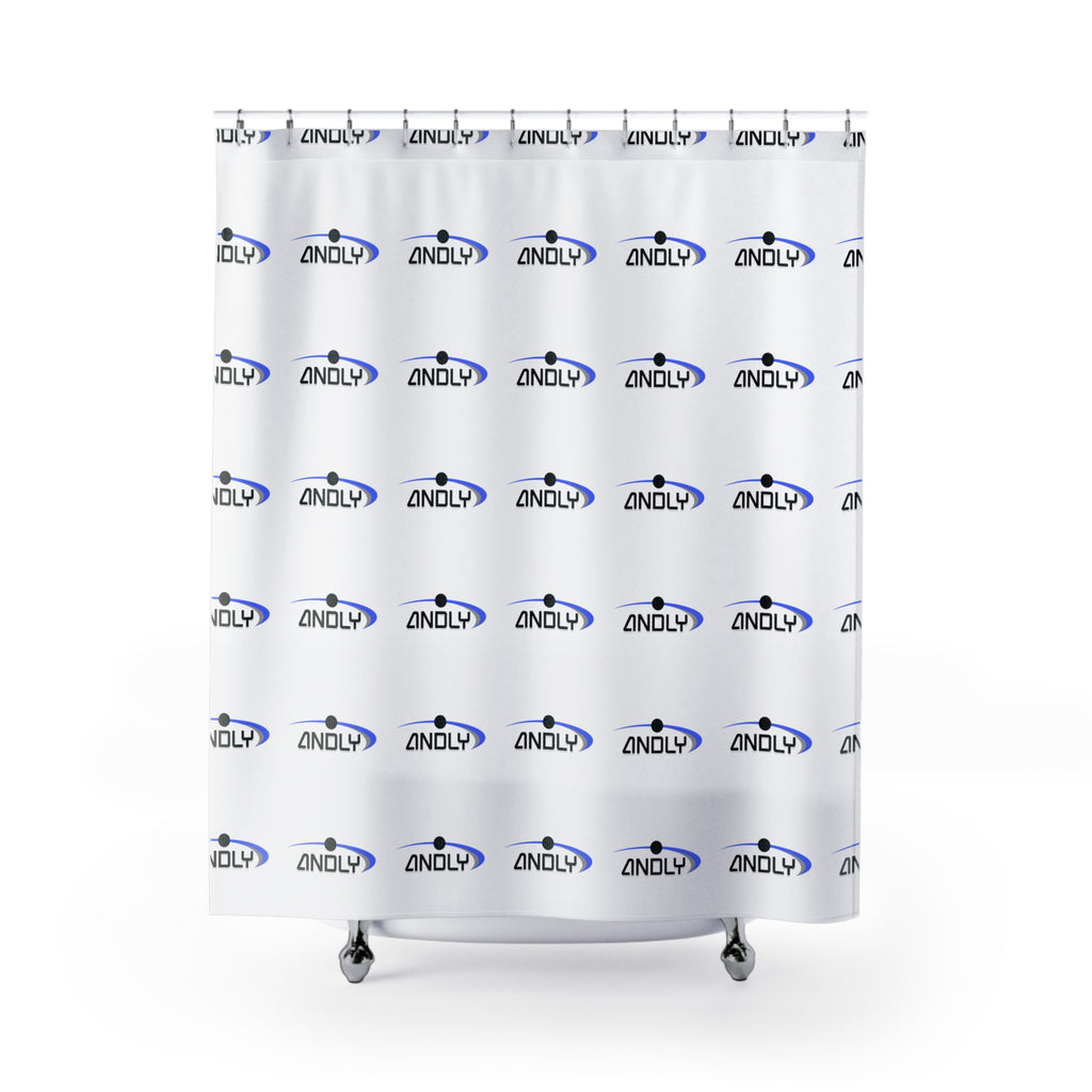 Andly Logo Shower Curtain — Modern White & Blue Branded Bathroom Decor