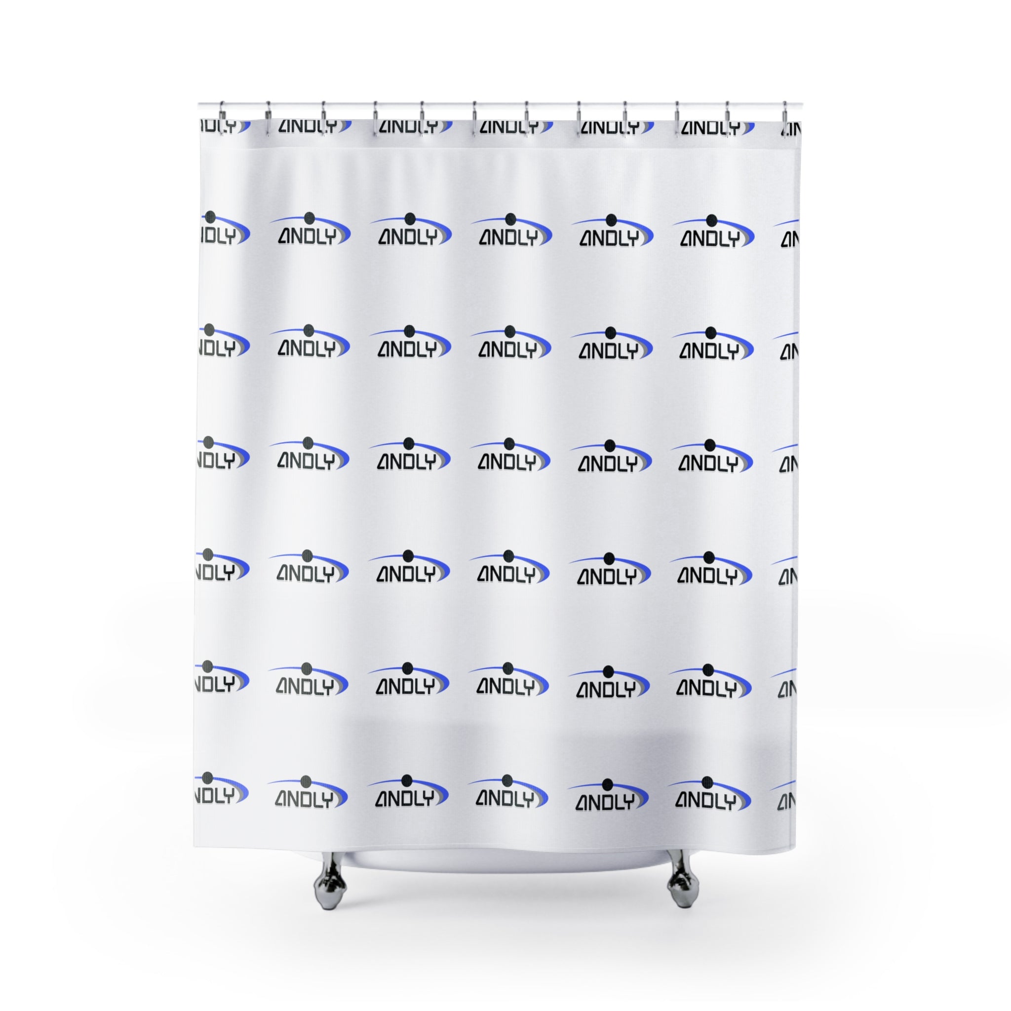 Andly Logo Shower Curtain — Modern White & Blue Branded Bathroom Decor