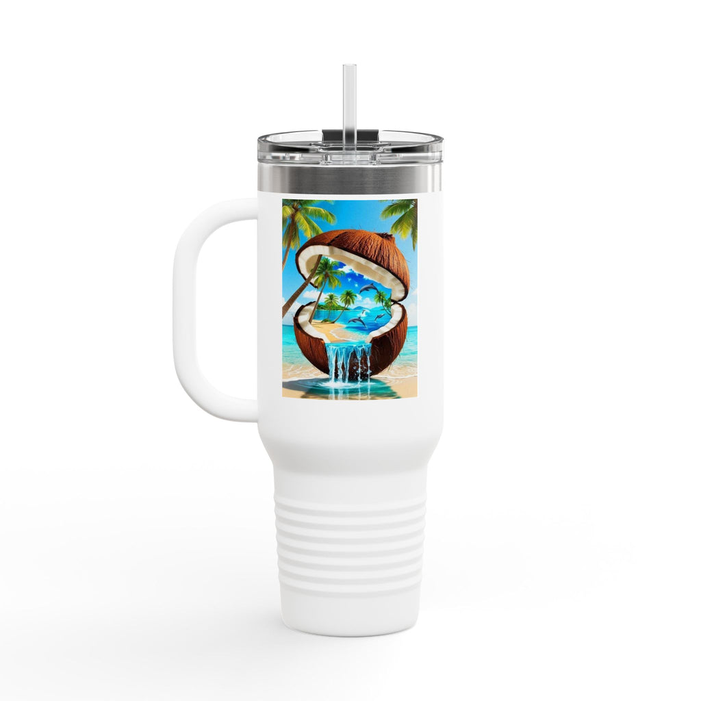 40oz Insulated Travel Mug — Tropical Coconut Waterfall Beach Design