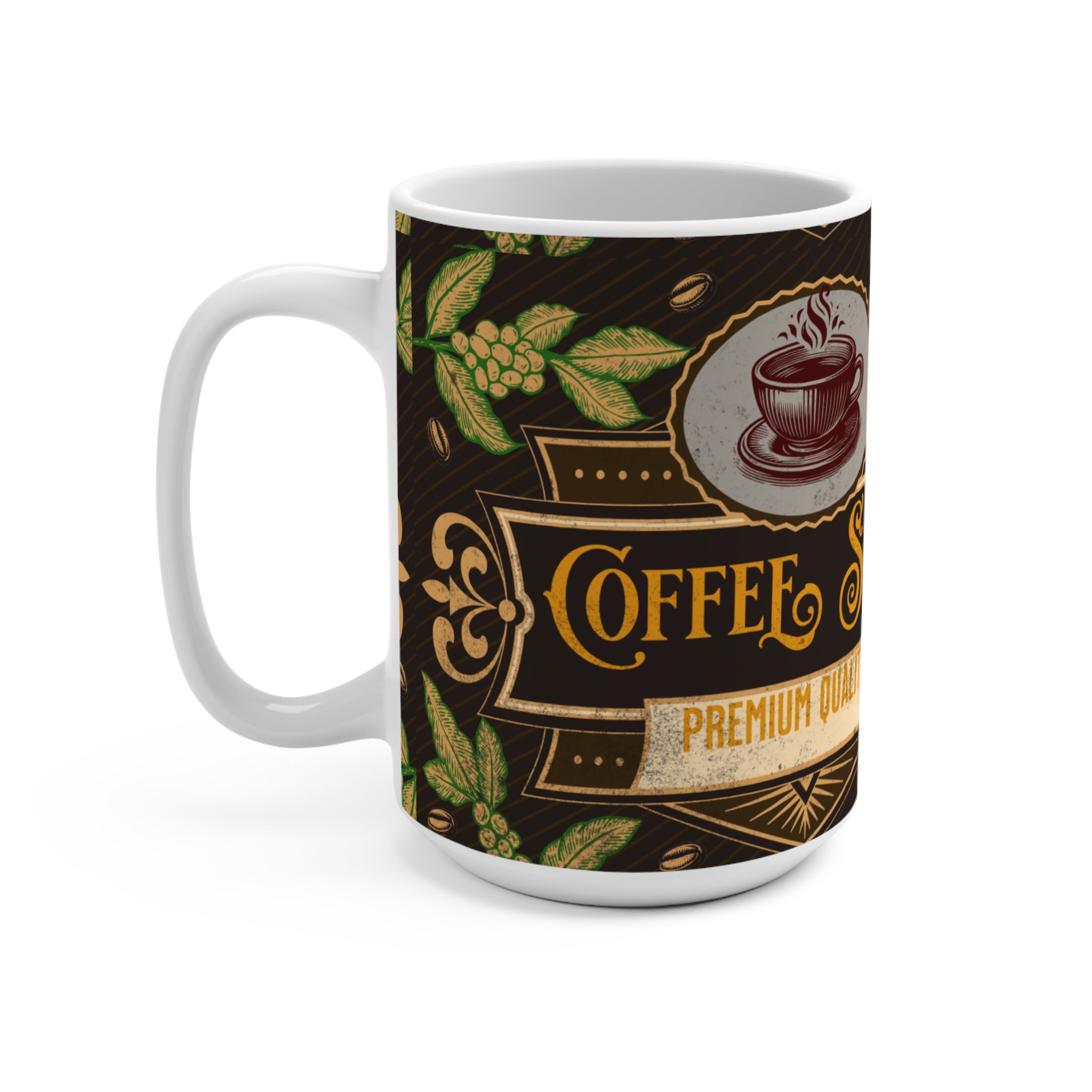 Coffee Shop 15oz Mug — Vintage Cafe Logo, Premium Quality