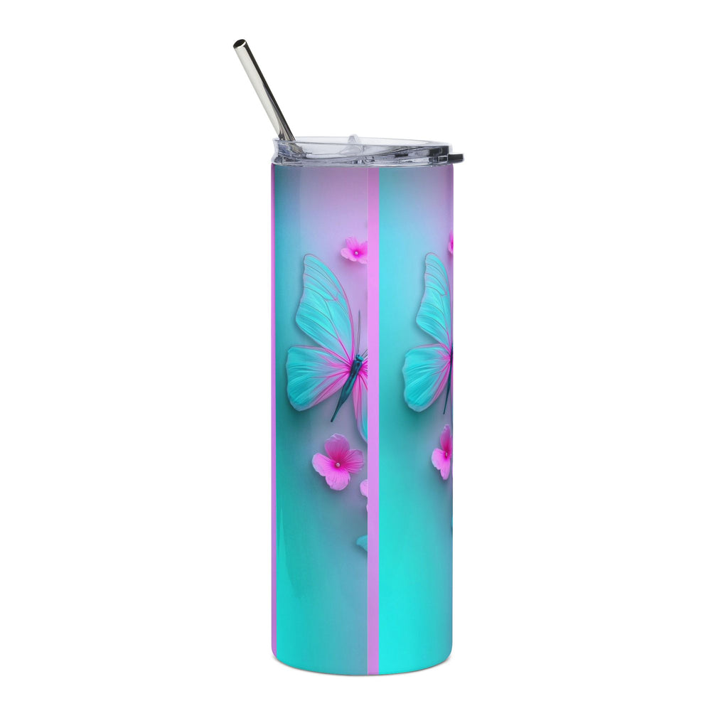 20oz Butterfly Tumbler — Turquoise & Pink Floral Stainless Steel Travel Cup